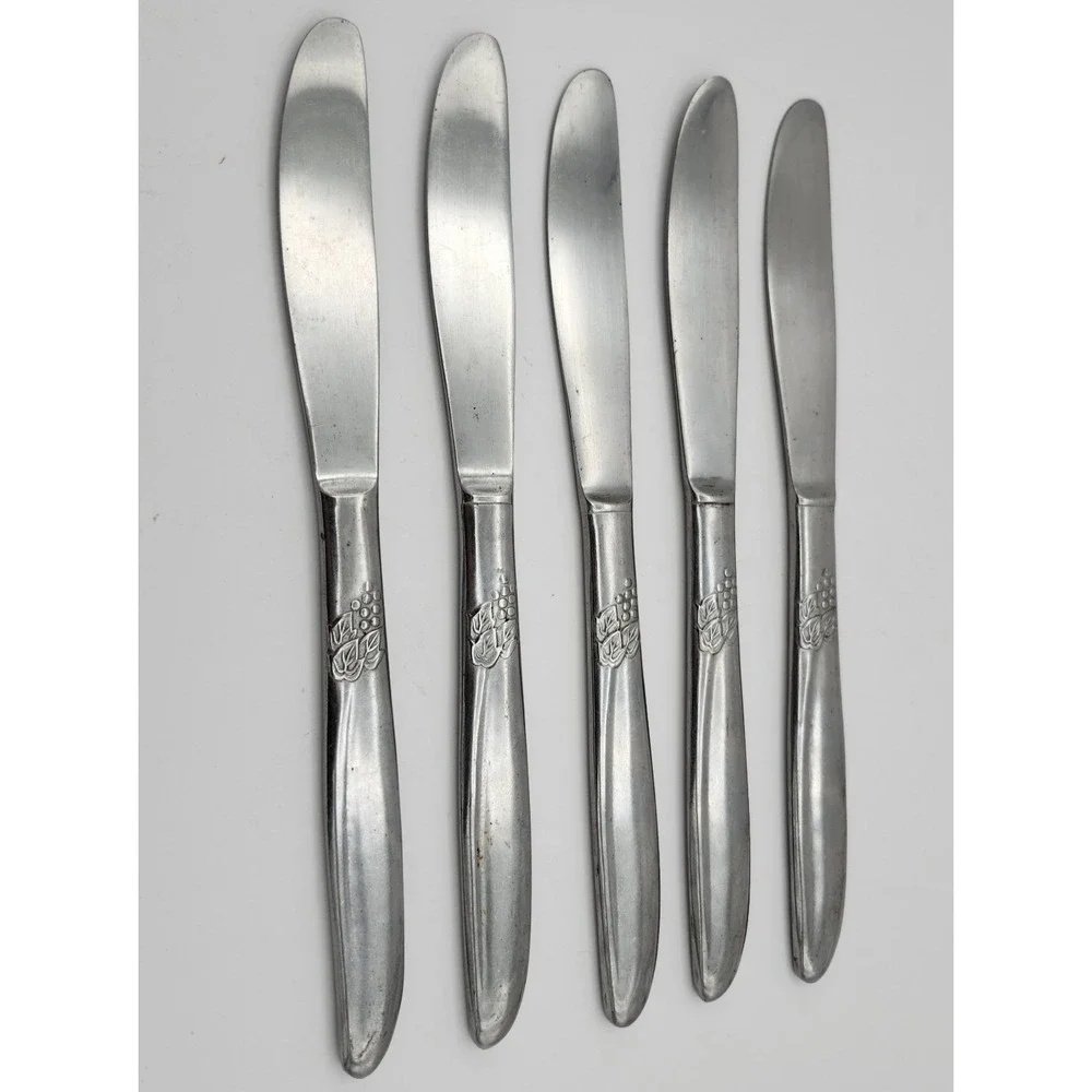 MWCO Dinner Knives Set 5 Silver Grape Vine Pattern Stainless Japan MCM Farmhouse